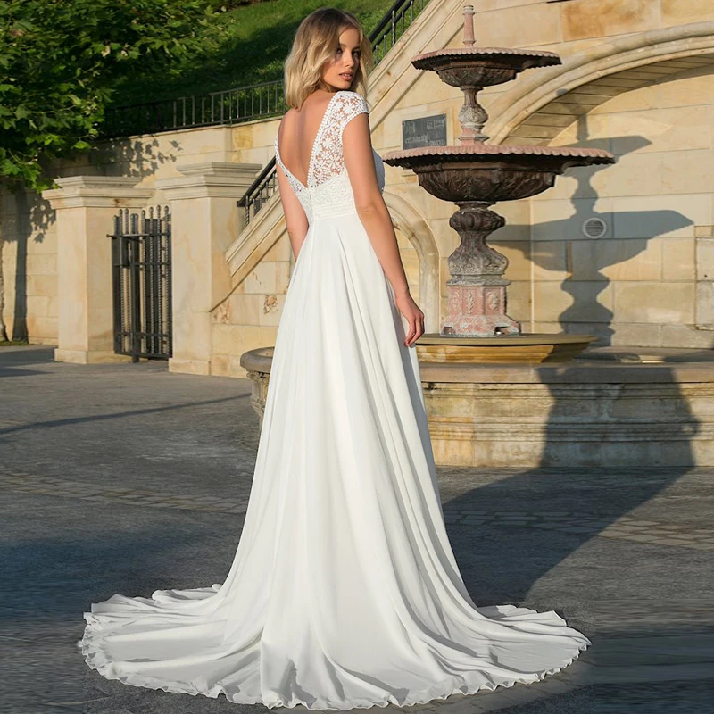 

Simple Boho Wedding Dress Beach 2020 Robe de mariee Scoop Cap Sleeves Low Back Chiffon Bridal Gown Dress