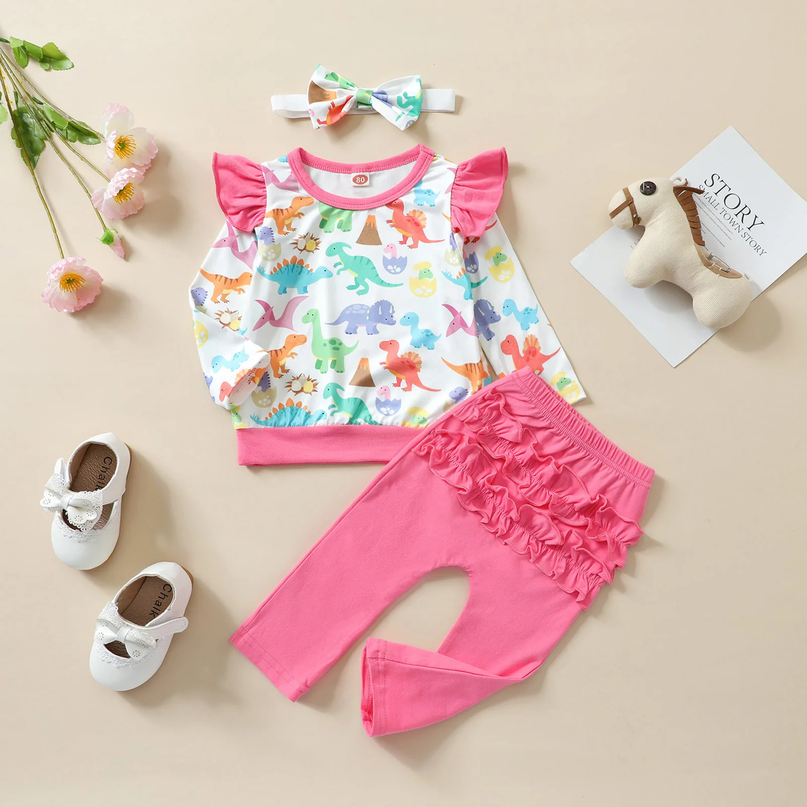 

2pcs Kids Girls Clothes Autumn Tracksuit Cartoon Dinosaur Round-neck Long Sleeves Blouse + Elastic Waist Ruffled Pants Pink