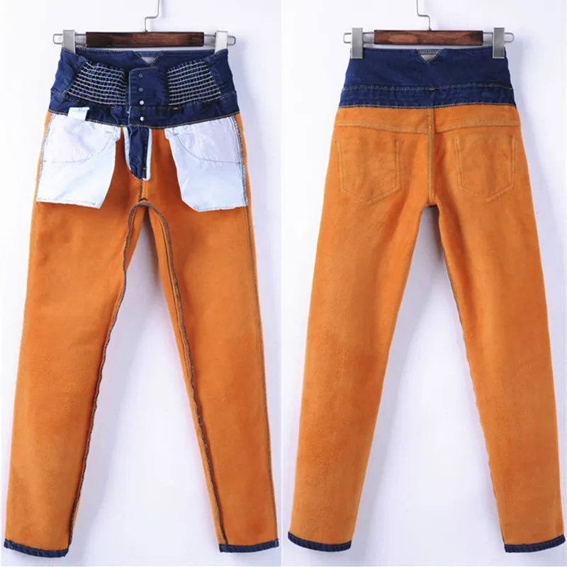 Зимние женские джинсы с высокой талией черные флисовые брюки большого размера из