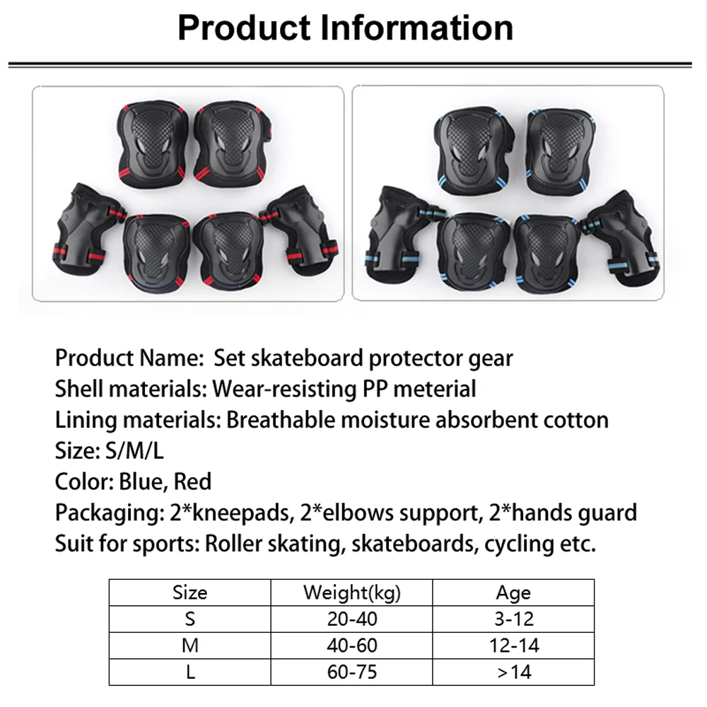 

6pcs/set Skateboard Ice Roller Skating Protective Gear Elbow Pads Wrist Guard Cycling Riding Knee Protector for Kids Adult Child