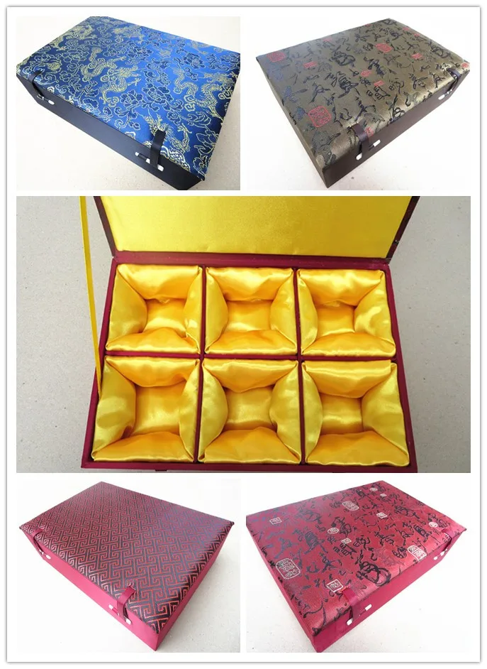 Cotton Filled 6 Grid Slot Wood Storage Box Collection Decorative Chinese Silk Brocade Gifts Crafts Jewelry Packaging Case