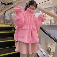 nerazzurri kawaii white soft fluffy faux fur jacket women long sleeve zipper pockets pink coats and jackets women 2021 fashion