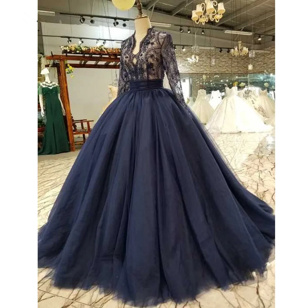 

Винтажное Королевское синее кружевное платье для выпускного вечера, блестящее вечернее платье с бусинами и длинными рукавами, фатиновое пл...