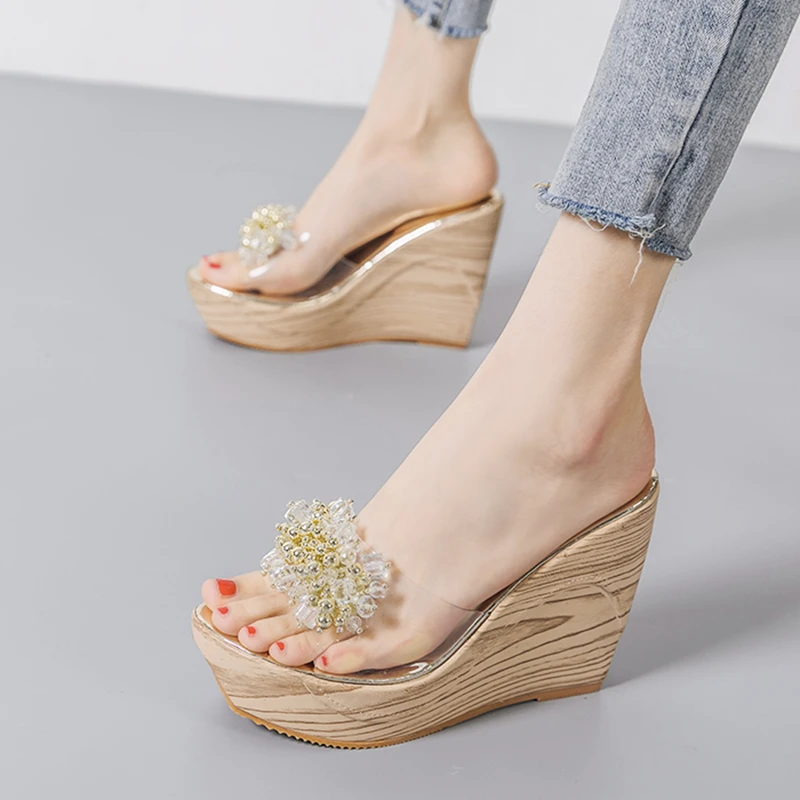 Transparent Slippers Heels 11cm Woman Shoes Platform Crystal Heel Summer Sandal High Heel New Girls Slippers Wedge Heel Shoes