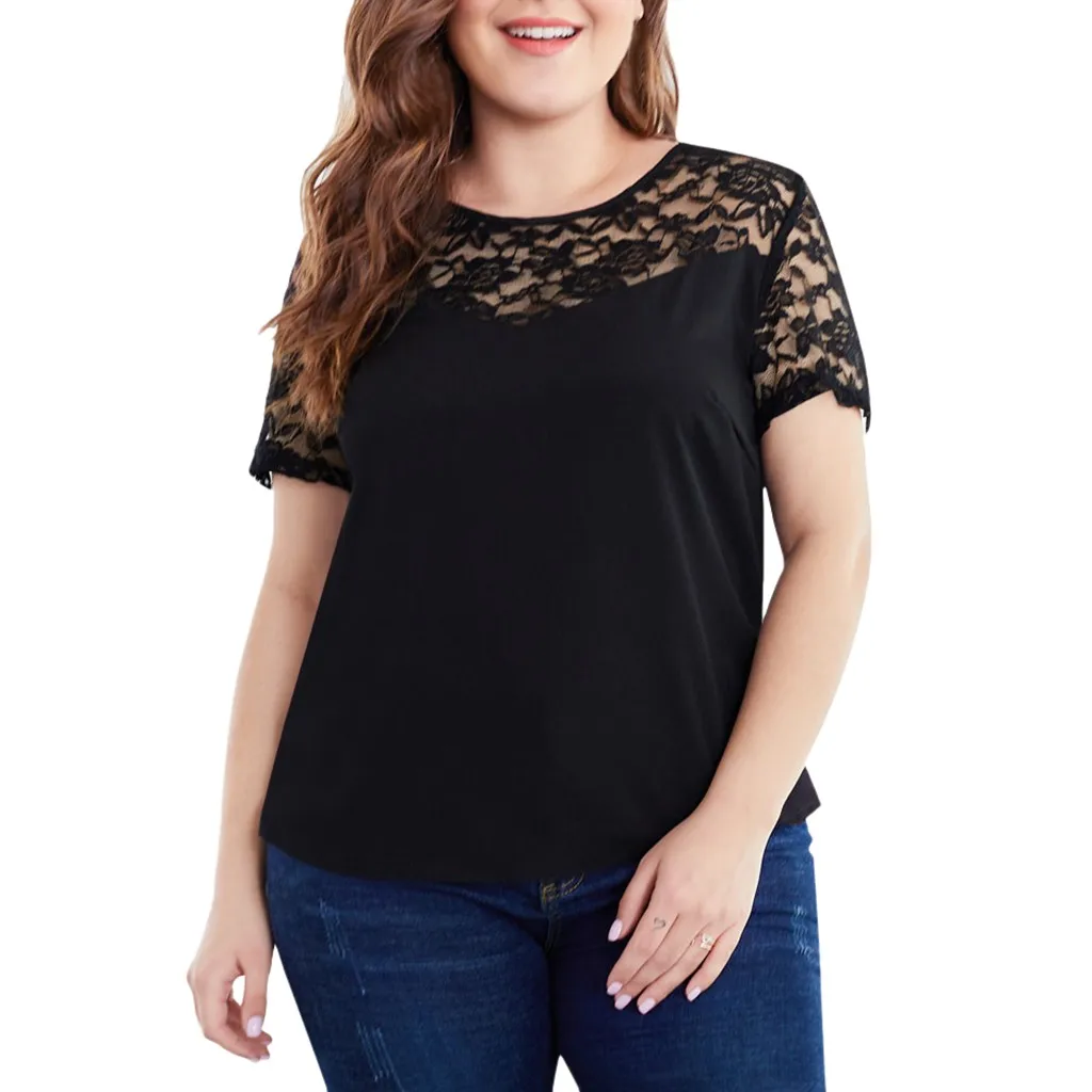 Новая футболка Сексуальная кружевная рубашка с круглым вырезом короткий рукав