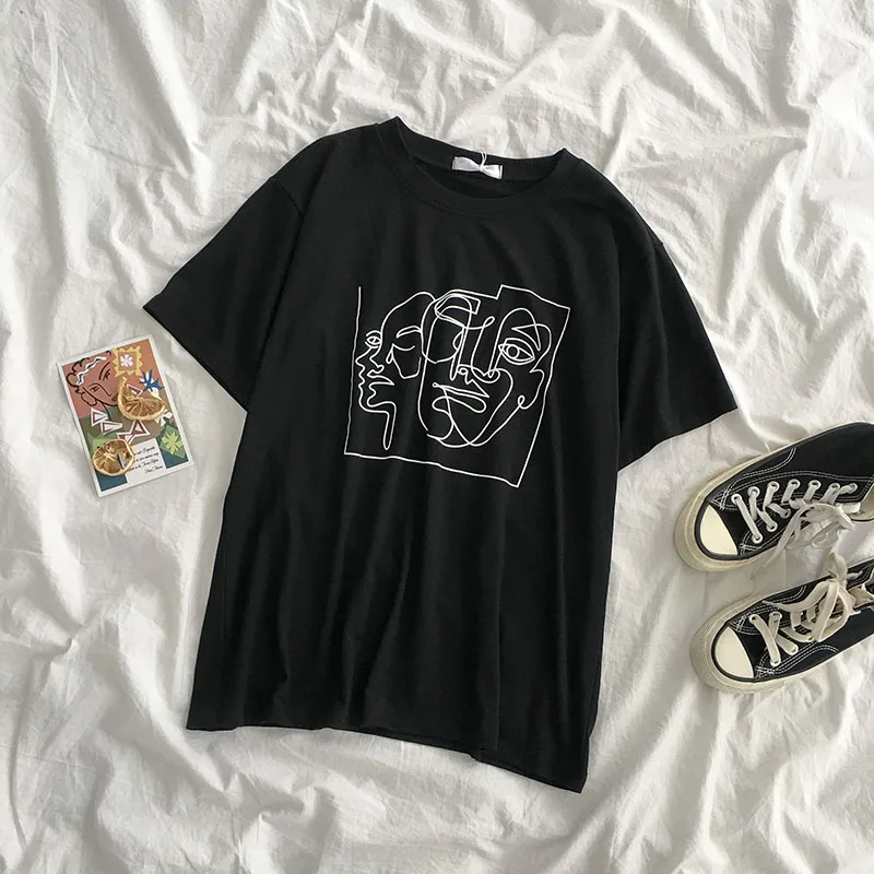 

Hand-Painted T Shirts For Women Tops Tshirt White Black Tees Clothing Kawaii Summer Cotton Casual O-Neck Fashion 2021