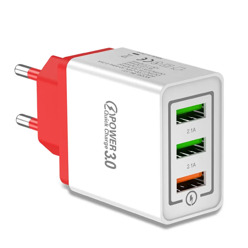 USLION 3 Ports USB Charger Quick charge 3.0 for iPhone X S 8 7 6 EU&US Plug Fast Wall Charger Charging For Samsung Xiaomi Huawei - Тип штекера: Red