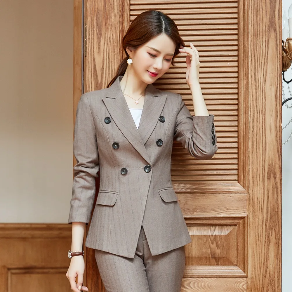 Деловой Женский костюм с длинным рукавом двубортный Блейзер длинные брюки