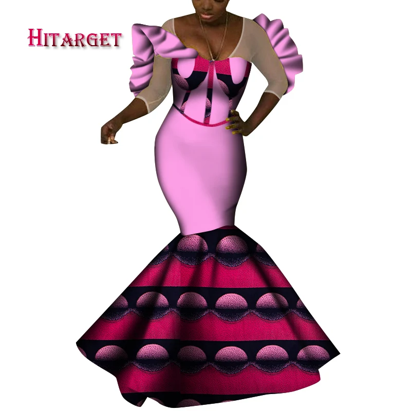 2021 African clothing Party dress Fashionable dress African dress Multi-color printed Ankara gown Tight skirt Low-cutdresswy8108