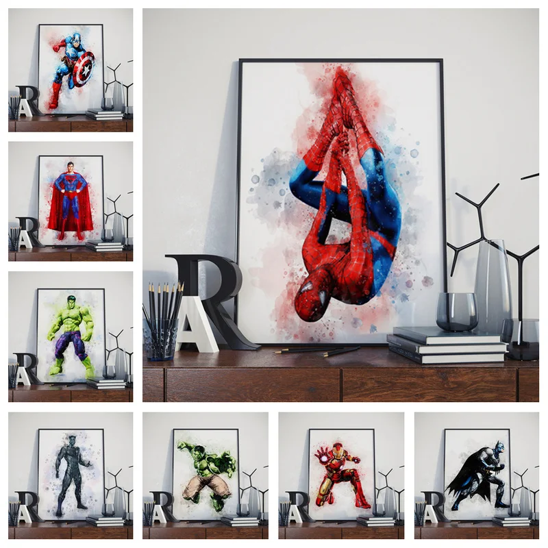 

Street Art Marvel Avengers Superhero Watercolor Canvas Painting Spiderman Poster Wall Art Picture for Living Room Cuadros