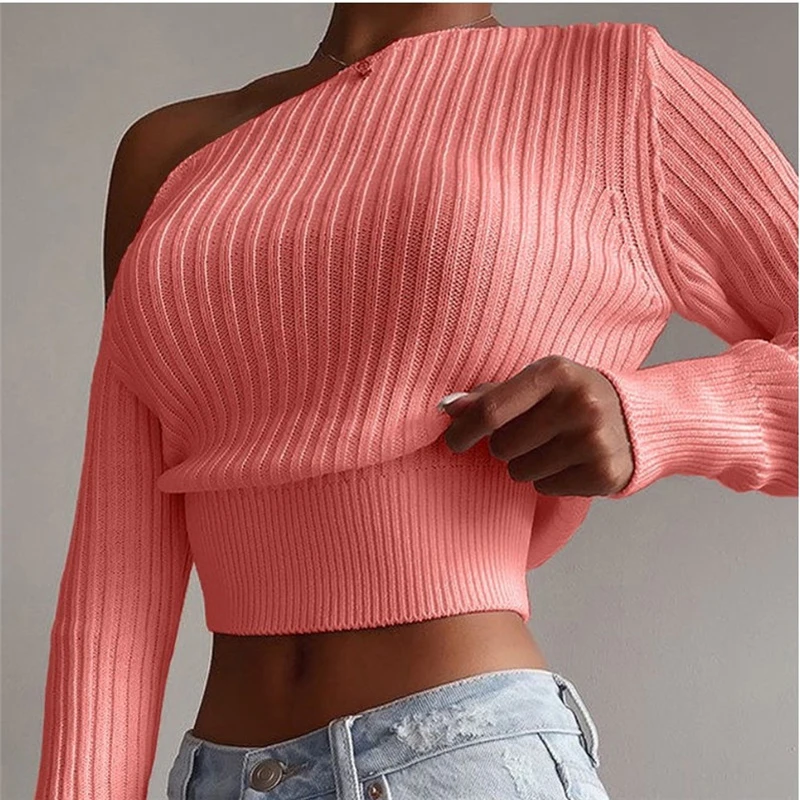 Yuqung Women One Shoulder White Knitted Sweater Oblique Collar High Street Long Sleeve Pullover Female Spring Jumper | Женская одежда
