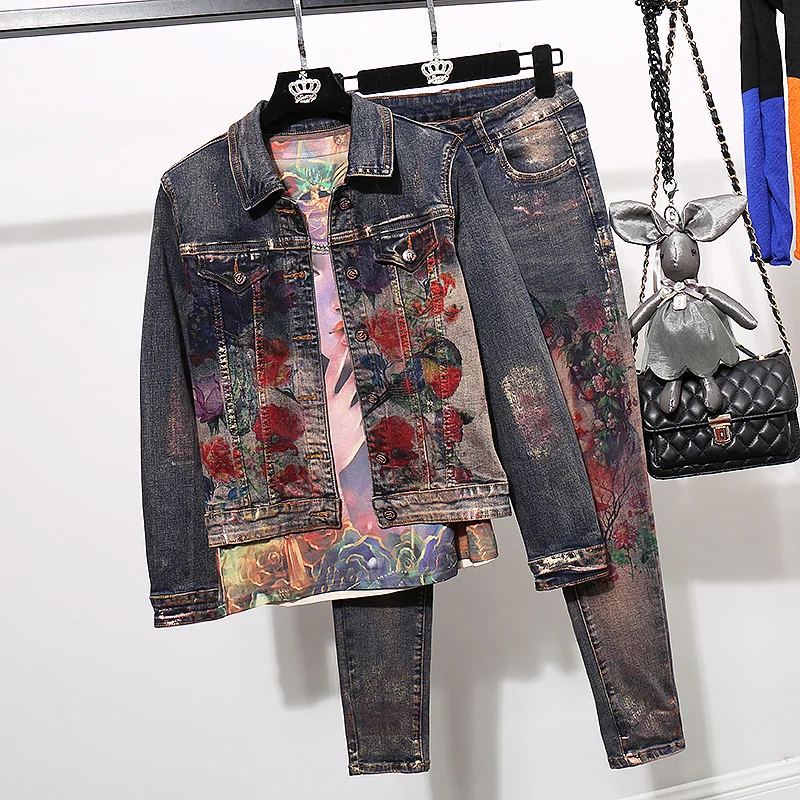 

Spring Autumn Streetwear Vintage Print Denim Outfits Women Elastic Short Jeans Jacket Coat Long Pants Slim Denim Two Piece Set
