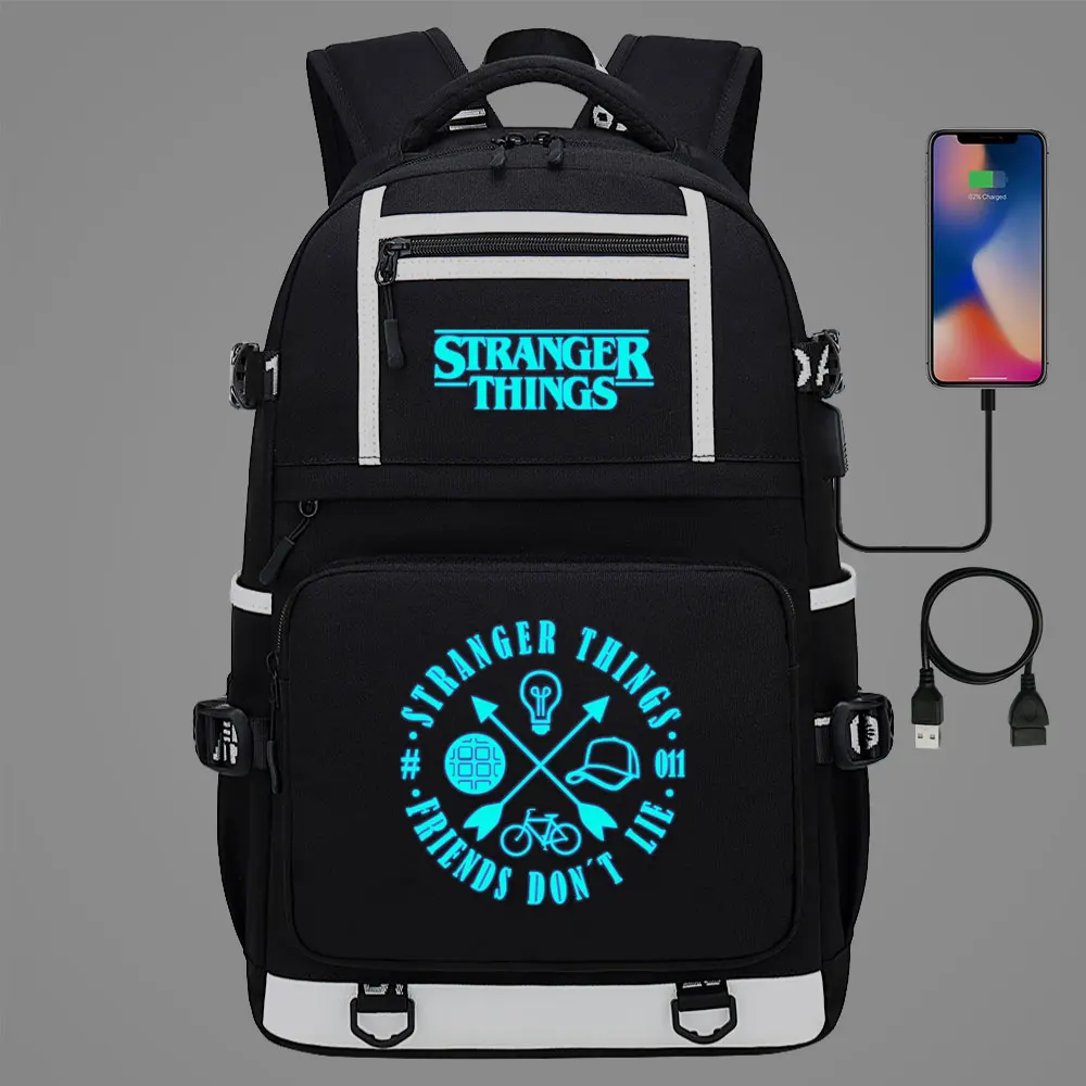 

New Luminous Stranger Things Prints Women USB Laptop Backpack Boys Girls Kids School Book Bags Canvas Men Big Travel Bagpack