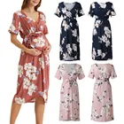 Летнее женское платье для беременных с коротким рукавом и V-образным вырезом с цветочным принтом для кормящих матерей платье для грудного вскармливания с поясом одежда Vestidos # g4