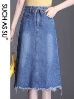 2022 korean new a line skirt women blue lace up high waist jean short skirt s 3xl size slim mid calf denim skirts female
