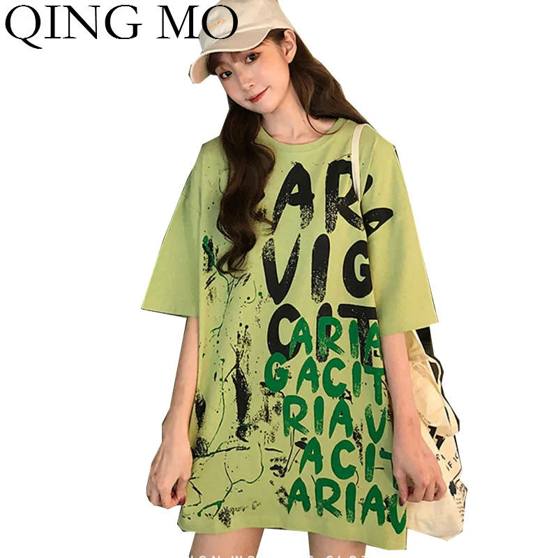 QING MO зеленая белая женская Свободная футболка 2020 с буквенным принтом летняя