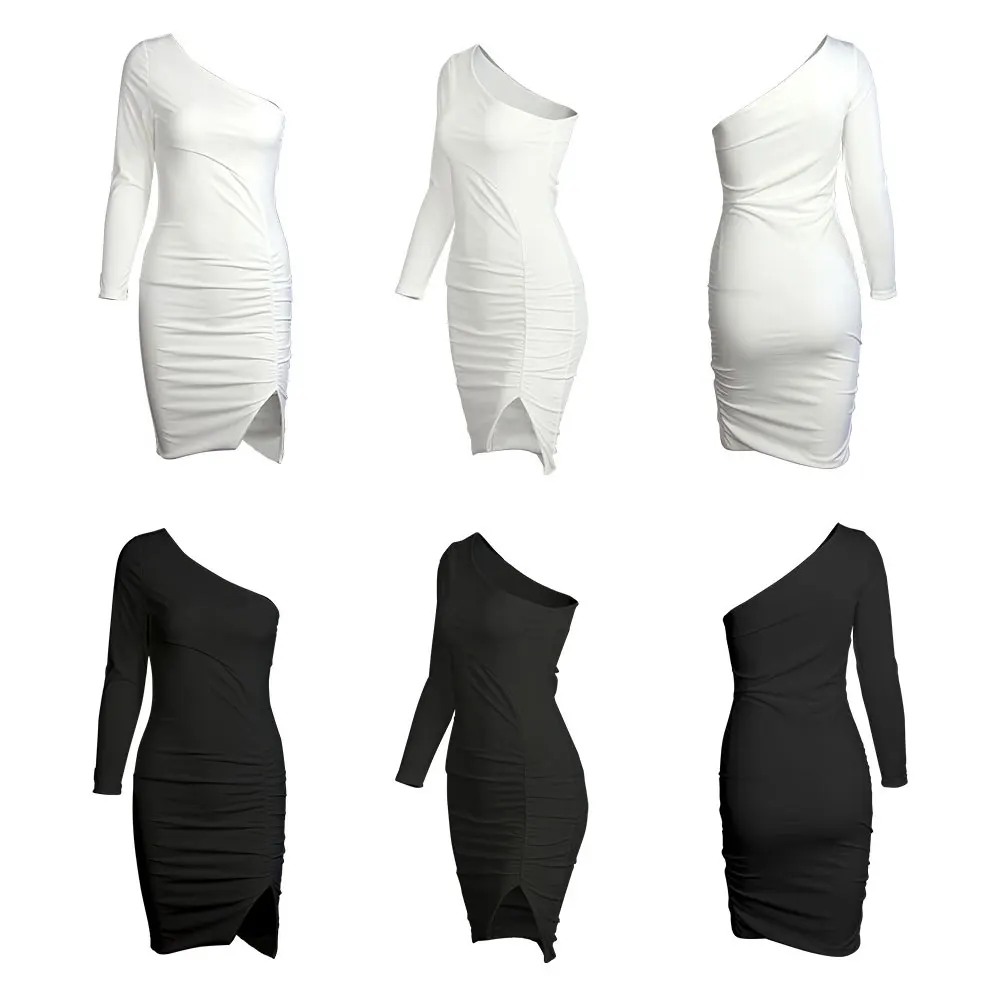 

Fashion One Shoulder Women Sexy Party Dress Solid Pleated Split Bodycon Mini Ruched Dress Slim Casual Black White Pink Dresses