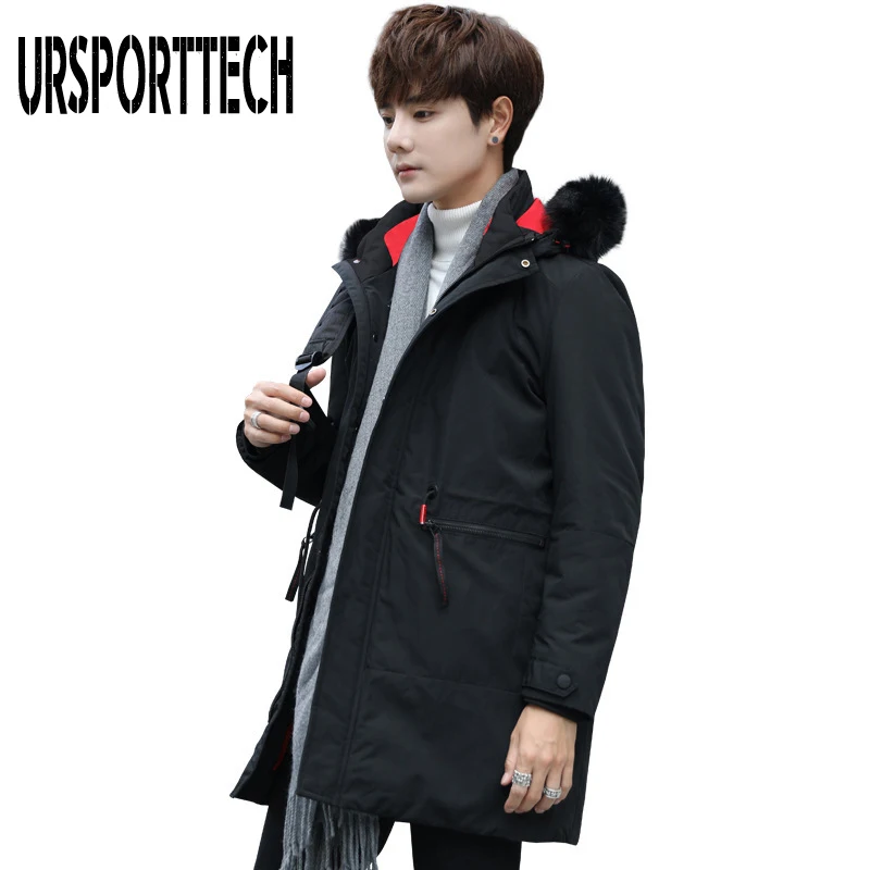 

Мужские зимние куртки и пальто с воротником из искусственного меха, средней длины, толстые теплые хлопковые парки, мужская верхняя одежда с ...