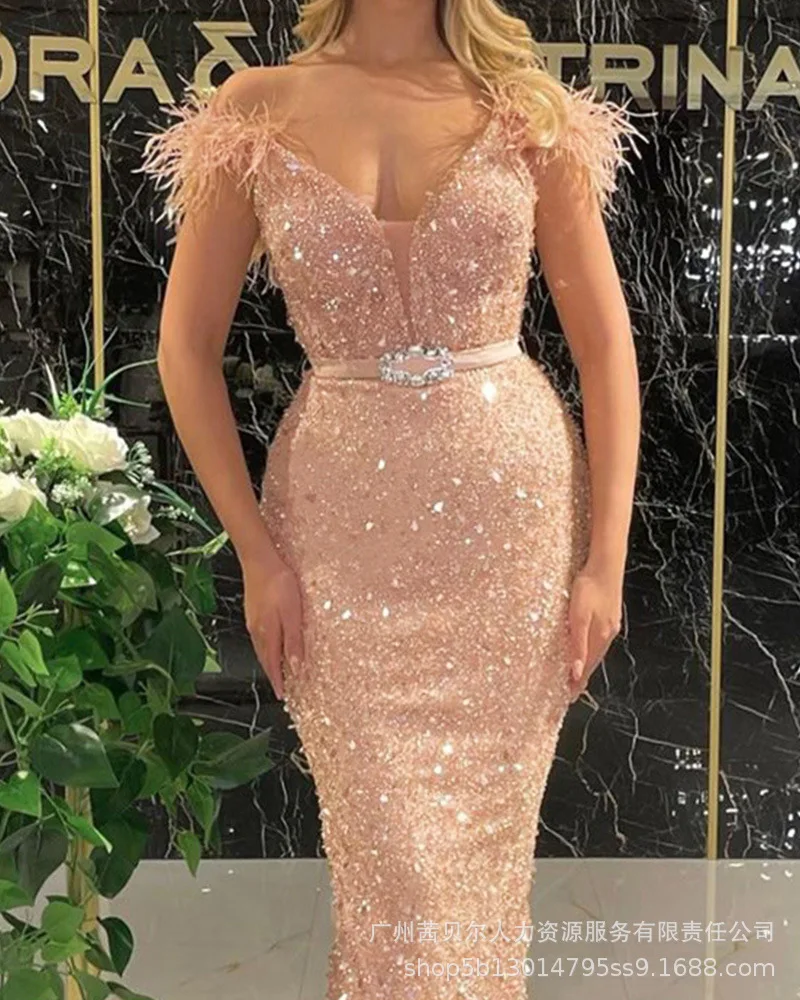 

Elegant Sequins Evening Dresses Women Long 2021 Summer Fashion Short Sleeves Prom Party Gown Sweetheart Glitter Pink Robes