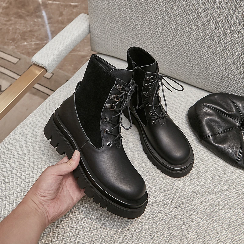 

New Patchwork Genuine Leather Short Boots Women Ankle Boots Office Shoes Woman 2020 Winter Warm High Heels size 41 42 43