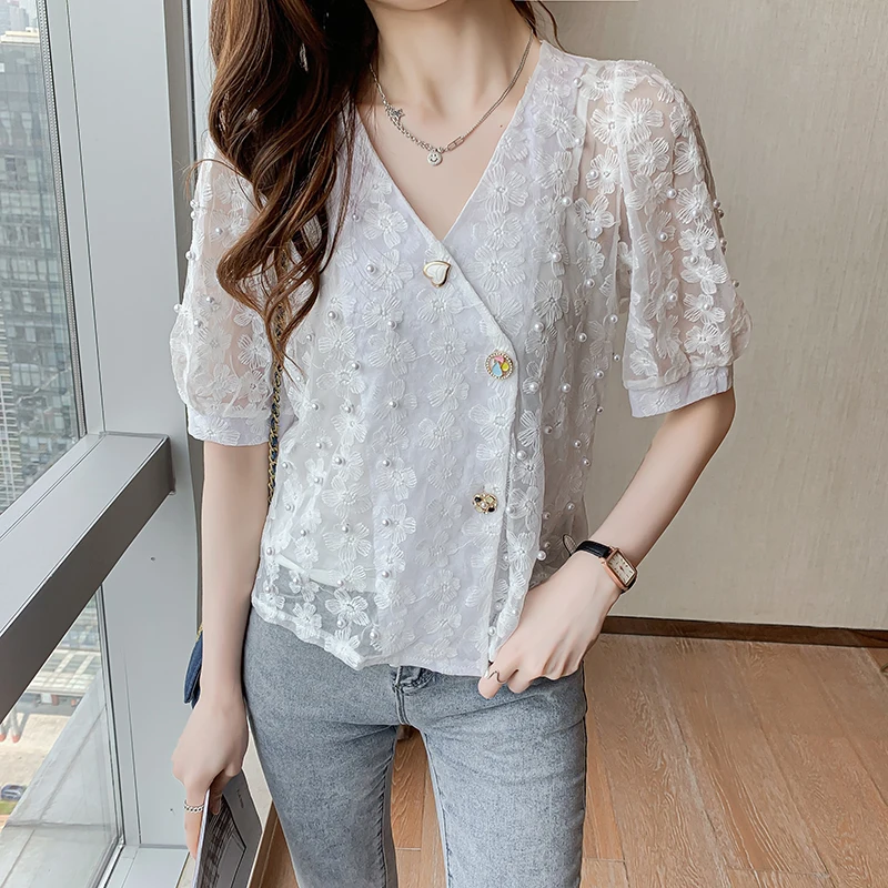 Женская кружевная рубашка с вышивкой QOERLIN свободная повседневная однобортная