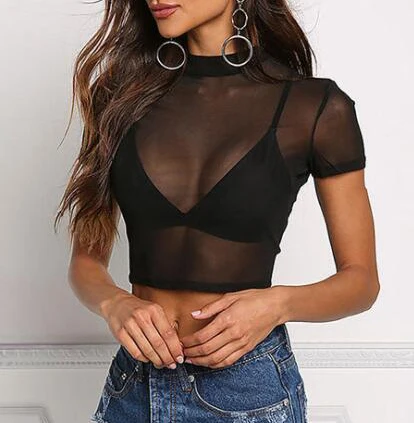 Женская прозрачная сексуальная летняя футболка топы с коротким рукавом и