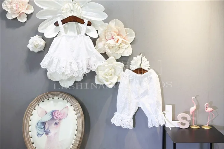 Комплект для девочек топ на бретельках с вышитыми цветами + штаны летняя одежда