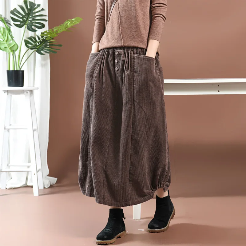 JIN WEN Вельветовые женские юбки с эластичной резинкой на талии и карманами
