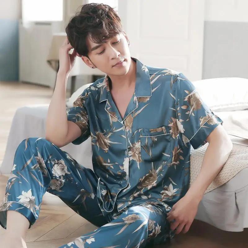 Pyjamas Men Summer Mulberry Silk Short Sleeve Shorts Thin Style True Ice Silk Large Size Men's Silk Home Suit Summer