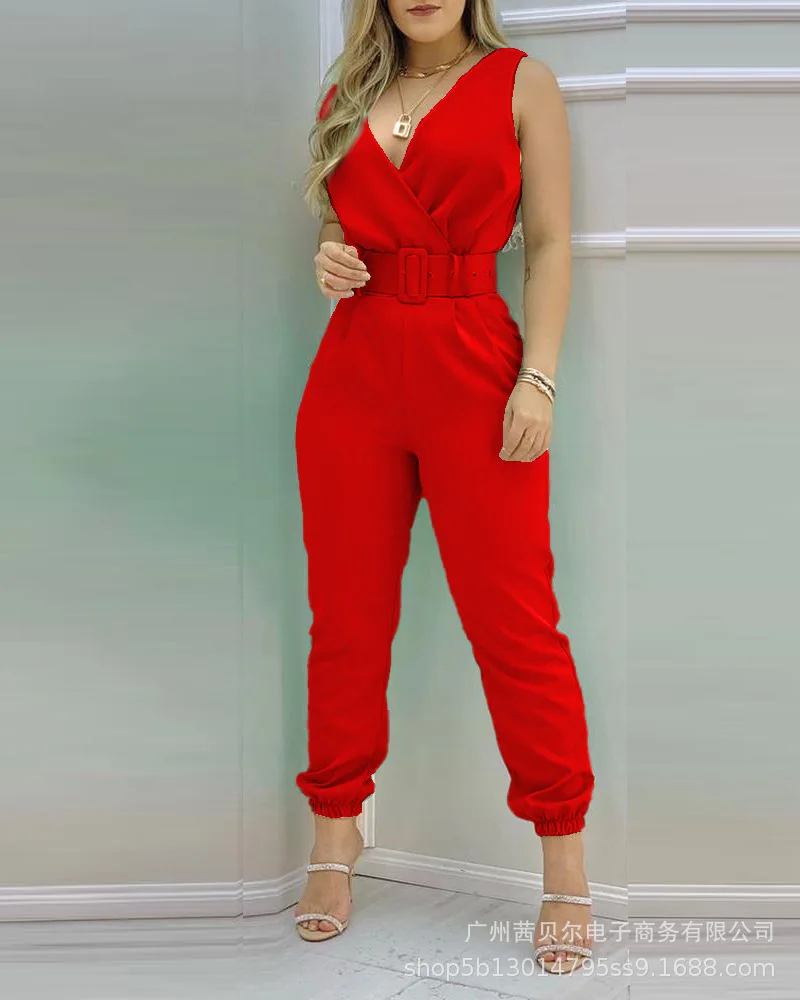 

Donsignet New Fashion Solid Color V-neck Ankle-Length Pants Jump Suits for Women Sleeveless Jumpsuit Women Jumpsuits for Women