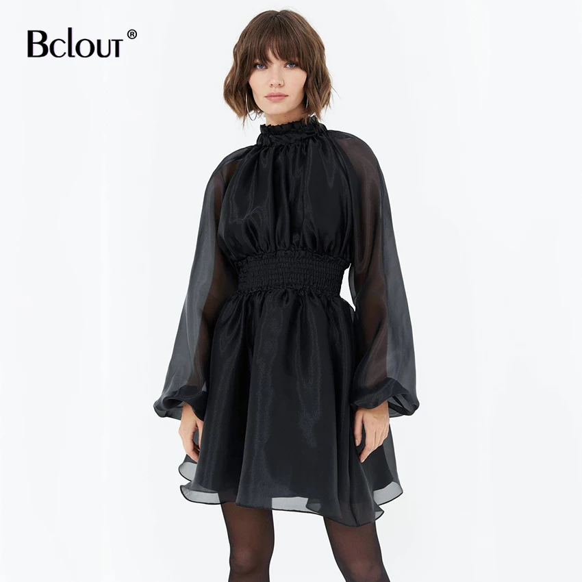 

Черное тонкое Сетчатое пикантное платье Bclout на шнуровке с рукавами-фонариками, мини-платья с высокой талией и рюшами, женское праздвечерние...