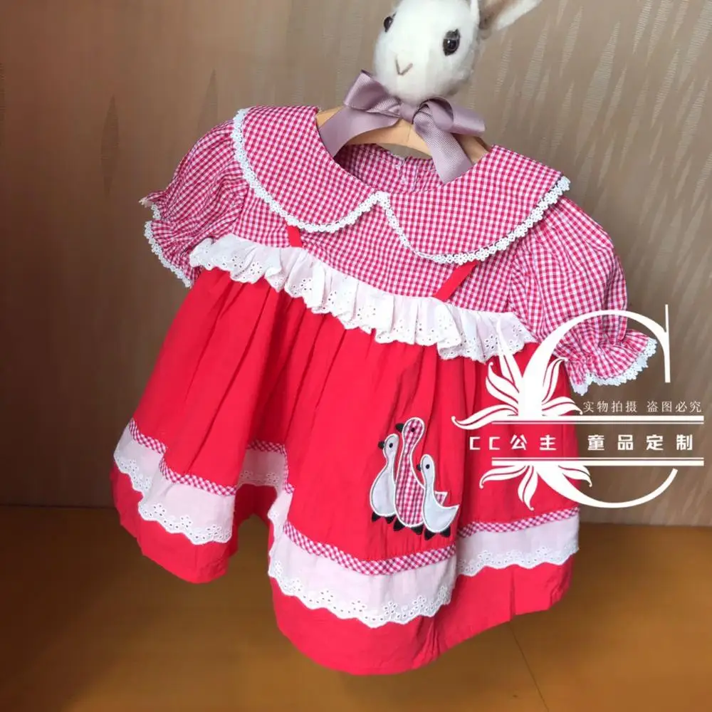 

Vintage Spanish baby girl duck embroidered lolita dress kids puff short sleeve ball gown birthday party dress