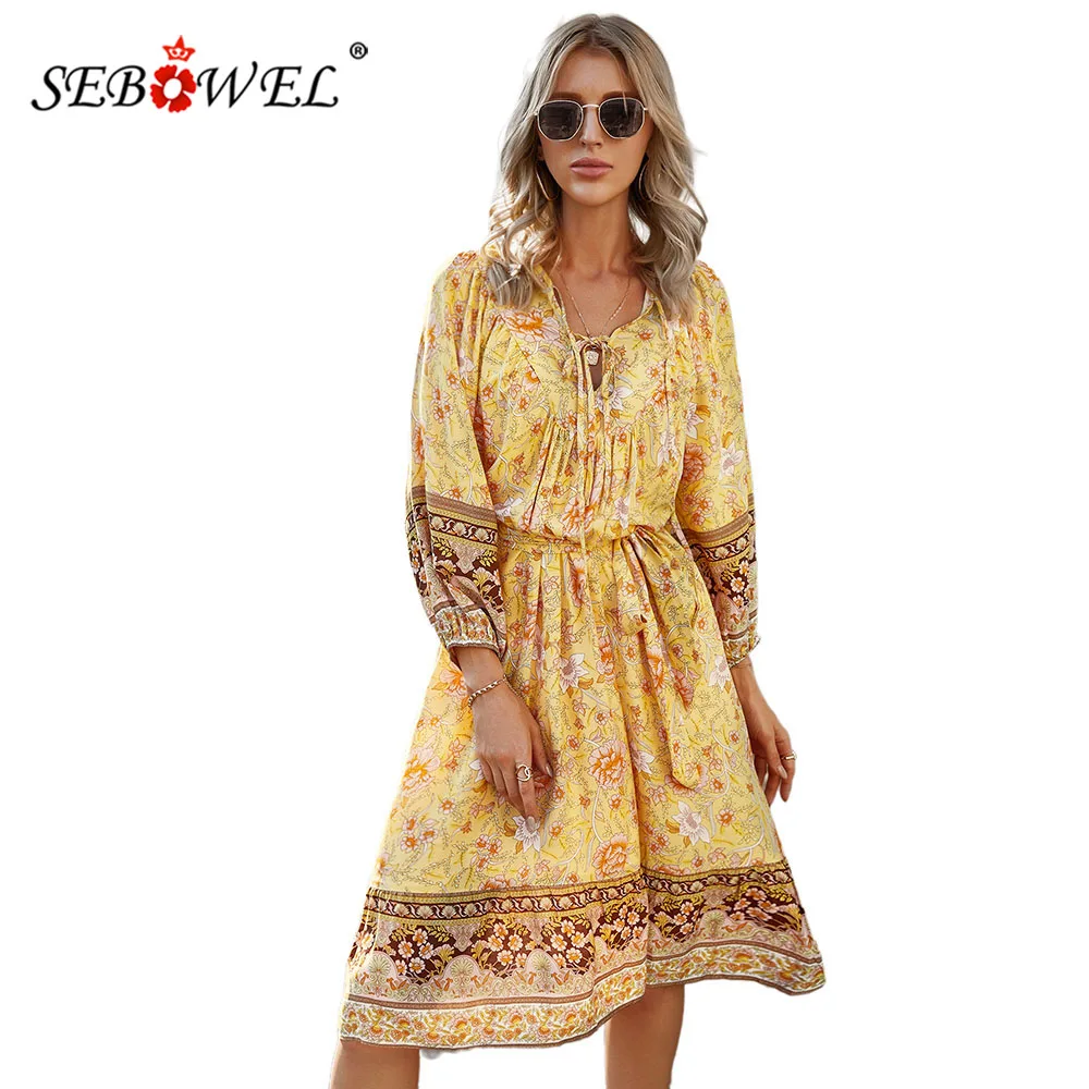 

SEBOWEL Spring Women Three Quarter Sleeve Bohemian Style Print Dress Boho Lady Holiday Party A-line Midi Dresses with Sashes