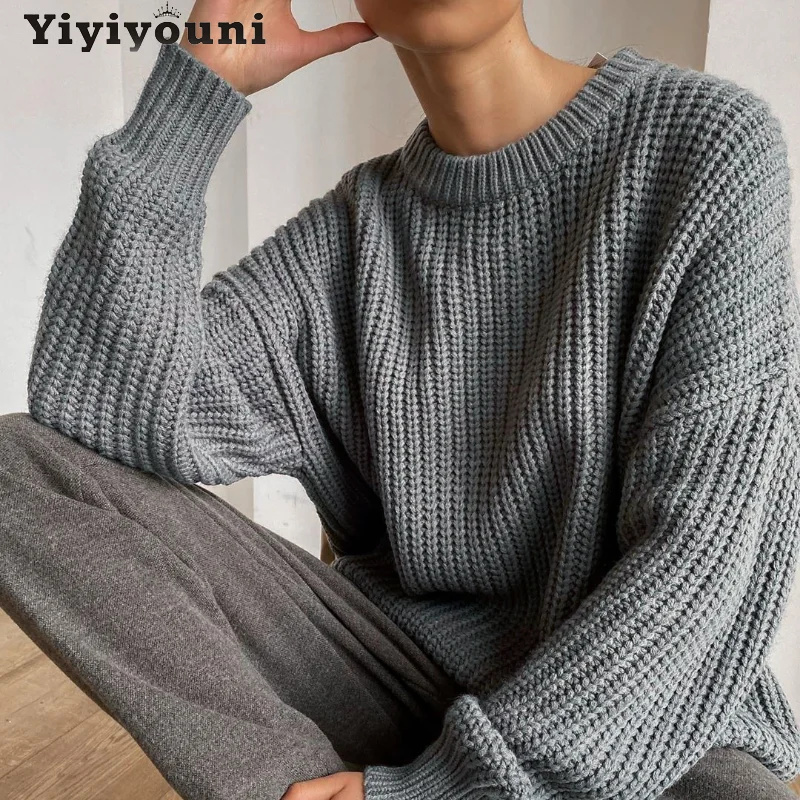

Винтажный вязаный свитер большого размера FAKUNTN yiyouni, женский элегантный плотный свободный свитер, пуловеры, Женская корейская мода, однотон...