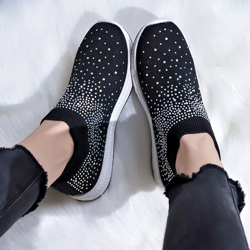 Новинка Модная обувь на плоской подошве со стразами Женские дышащие кроссовки