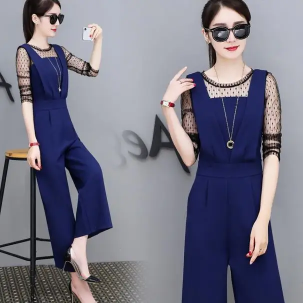 2020 Summer Women Lace Patchwork Chiffon Jumpsuit Female Hollow Out Slim Strap Playsuit Elegant Wide Leg Loose Rompers AE921 | Женская