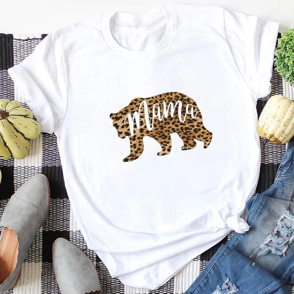 

MaMa 100%Cotton Leopard Bear Graphic Printed Women T-Shirt Funny Women Motherhood Top Tee Mother's Day Gift Fashion Momlife Tee