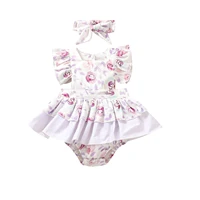 baby girls romper with headband girls flower print square neck fly sleeve jumpsuit hair band for summer