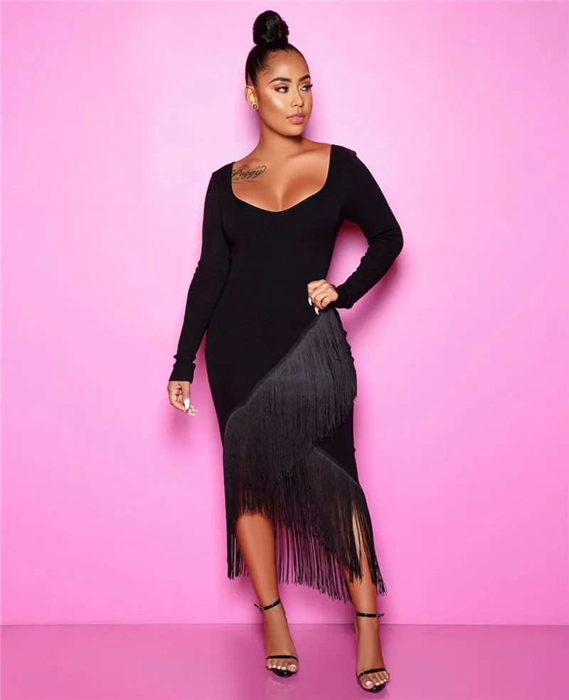 Высокое качество с длинным рукавом Твердые кисточкой Bodycon вискоза Бандажное