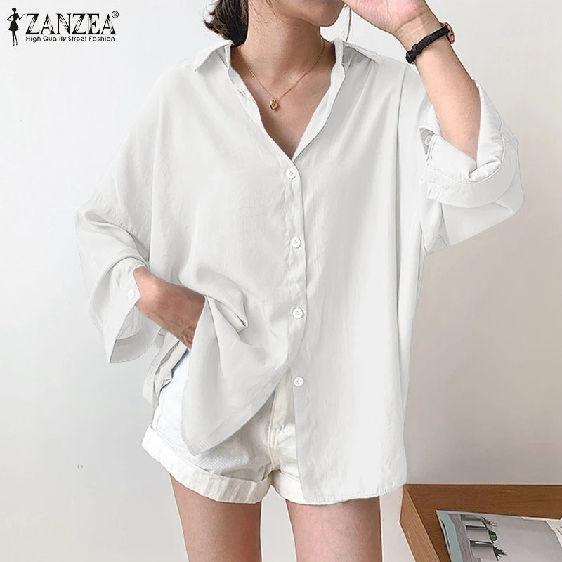 

ZANZEA Women's Turn-Down-Collar Casual Streetwear Blouses Summer Buttons Tops Full Sleeve Loose Chemise Solid Elegant Blusas