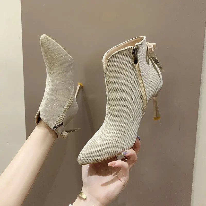 

Women Ankle Boots Butterfly Knot High Thin Heels Zip Female Pump Pointed Toe Knitted Fashion Ladies Autumn Shoes 2021 New