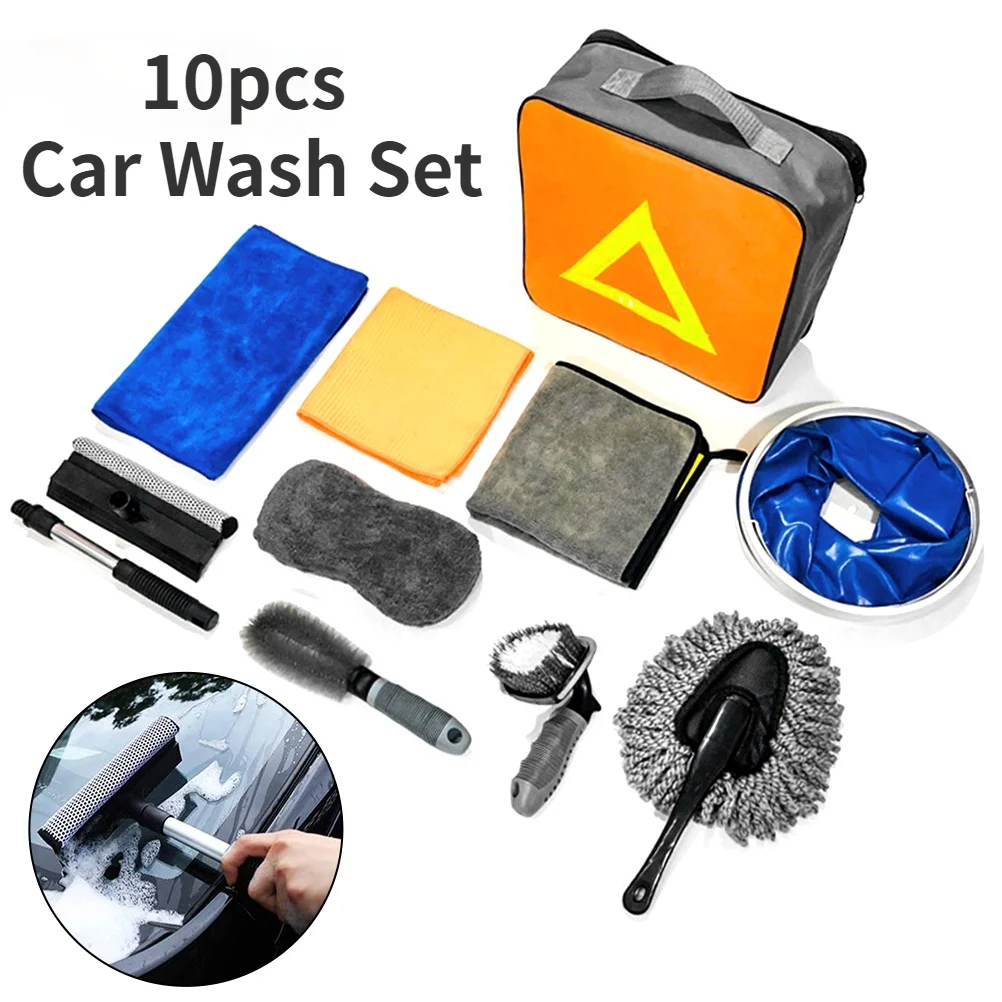 

10pcs Car Wash Kit Wash Tool Car Cleaning Microfiber Cloths Sponge Duster Tire Brush Window Water Squeegee Foldable Bucket Box