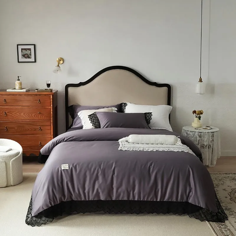 

Purple Premium Egyptian Cotton Soft Bedding Black Lace Farmhouse Duvet Cover Bedding set Bed Sheet Pillow shams Queen King 4Pcs