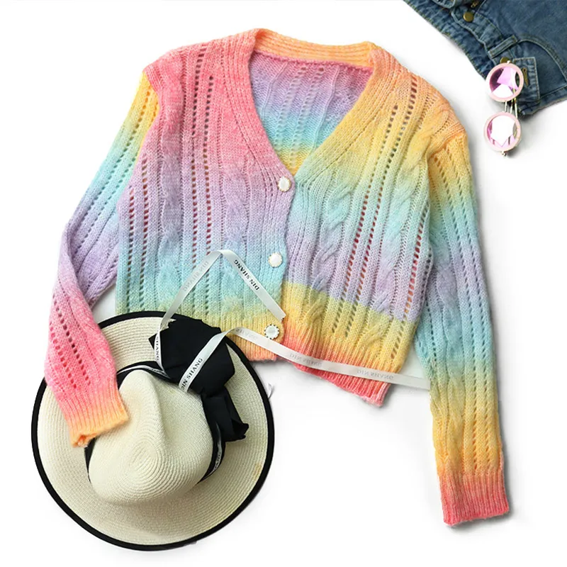 

Tie-Dye Gradient Sweet Short Women's Sweater Autumn New Hollow Out Long Sleeve Cardigan For Women 2021 Slim V-neck Lady Sweaters