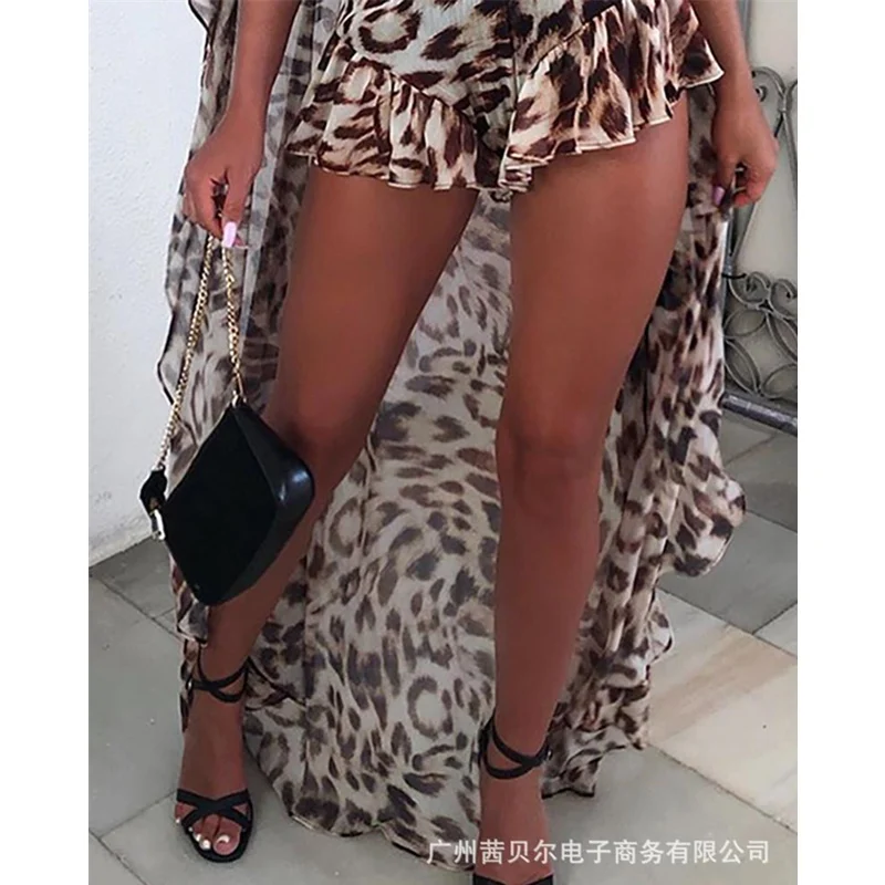 

WEPBEL Women Sexy Deep V Leopard Print Ruffles Playsuit Ladies Chiffon Romper Summer Hollow Out Dip Hem Ruffled Overalls
