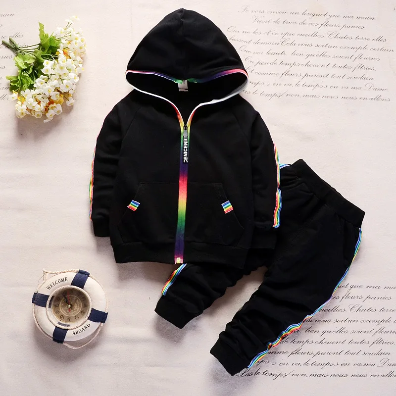 Clothing suit boys girls clothes fashion sports two-piece rainbow trim hooded sweater jacket + pants quality children's clothes