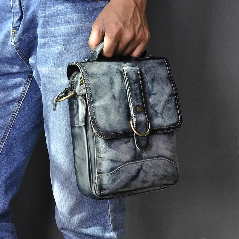 blue-black Качественная оригинальная кожаная мужская сумка через плечо из воловьей кожи, модная сумка через плечо, 8 дюймов, сумка-тоут Mochila, сумка-портфель, 143-db - Цвет: blue-black