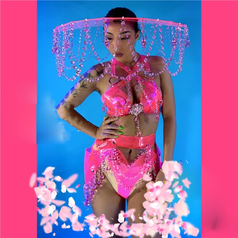 Sexy Pink gogo costume transparent crystal pendant headwear girl nightclub stage dance team costumes