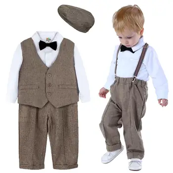 Baby Suit Infant Formal Outfit Newborn Gentleman Long Sleeve Overalls Toddler Birthday Wedding Party Gift Costume 4PCS 1