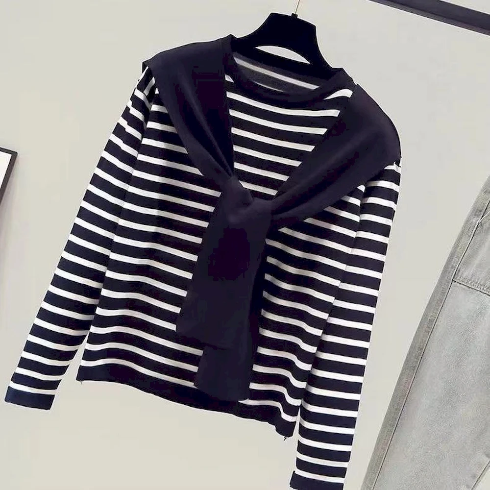 

Women Long Sleeve Top Shirt Blouse Loose Female Outerwear Cape Decoration Sweet Stripe One Piece Jacket Autumn Winter MTW600153